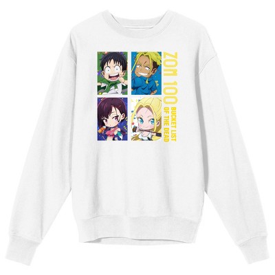 ZOM 100: Bucket List of the Dead Chibi Akira, Shizuka, Beatrix, and Kencho Adult White Crew Neck Sweatshirt