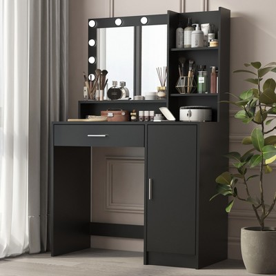 ORRD Black Vanity Desk with Mirror & Lights – Large Drawer & 3-Level Storage