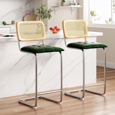 Kumasinova 37"/39"/43" Counter Stools Set of 2 with Rattan Back,Metal Frame Counter Height Bar Stools,PU Leather/Velvet Bar Stools for Kitchen Island