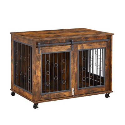 Akoasm 39.4 inch Sliding Door Dog House with Partition for Two Puppies-Rustic Brown
