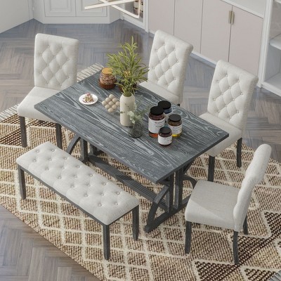 ELJGET 6-Piece Dining Table Set, Retro Rectangular Table Set with 4 Upholstered Chairs & 1 Bench for Dining Room and Kitchen