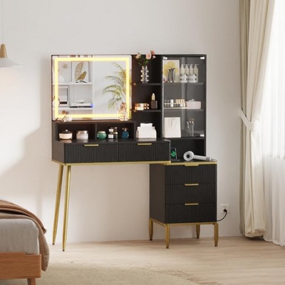 Fluted Vanity Desk with Mirror and Lights, Makeup Vanity Desk with 5 Drawers & Shelves