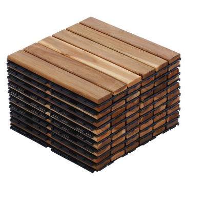 Chic Crate 10-Piece 12in Striped Deck Tiles – Interlocking Yellow Acacia Hardwood Flooring for Patio, Balcony & Poolside