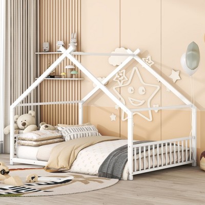 CAVINAS Full-Size Bed Frame with Storage, Full Size Bed Frame Kids, House-Shaped Metal Platform with Twin Size Trundle, Black