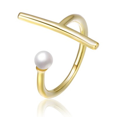 14K Gold Plated Pearl Asymmetrical Open Ring – Elegant Design Featuring a Unique Asymmetrical Setting with a Lustrous Freshwater Pearl