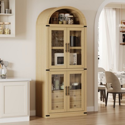 coucheta Arched Bookshelf, Arched Cabinet, 4 Glass Door Freestanding Bookcase with 2 Drawer, Wood Arched Display Cabinet for Living Room, Bedroom