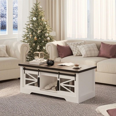 47 Inch Lift Top Coffee Tables with Storage & Sliding Barn Doors, Farmhouse Wood Cocktail Table, Living Room Furniture for Apartments