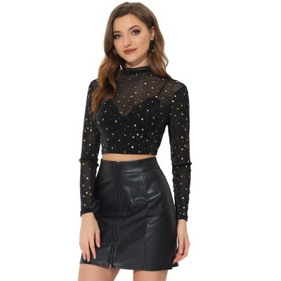 INSPIRE CHIC Women's Mesh Crop Stars Mock Neck Party See Through Blouse