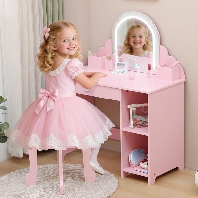 Kids Vanity with Lights,Magical 2-in-1 Vanity Set with LED Lighted Mirror & Stool, Kids Makeup Table with Storage Drawer & Display Shelves