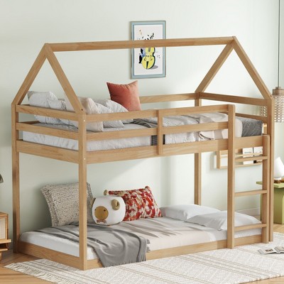NicBex Twin over Twin Bunk Bed Low Height Wooden Bed Frame House Shape Design with Ladder and Full Length Guardrail, No Box Spring Required