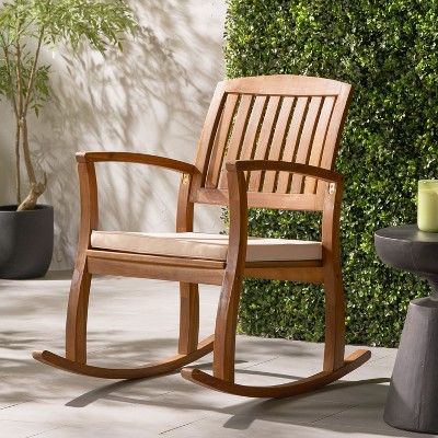 Okak 19" Boho Patio Rocking Chair Premium Acacia Armchair with Cushion,1 Pc,Rustic Recliner Chair for Porch,Backyard&Garden,Natural
