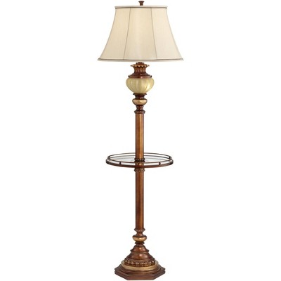 Kathy Ireland Hyde Park Vintage Rustic Floor Lamp with Glass Tray Table 65" Tall Bronze Nightlight Beige Fabric Bell Shade for Living Room Office Home