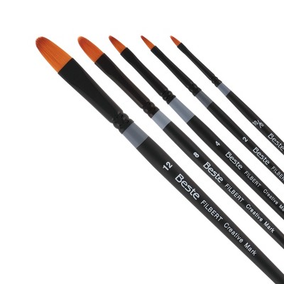 Creative Mark Beste Golden Taklon Filbert Rake, Set of 5 Artist Paint Brush, Professional Watercolor Brushes, For Acrylic Painting, Short Handle,