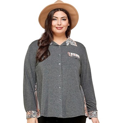 Slickblue Women's Plus Size Patchwork Button Shirt, Long Sleeve Collared Top, Workwear Style, Charcoal, 1XL-3XL