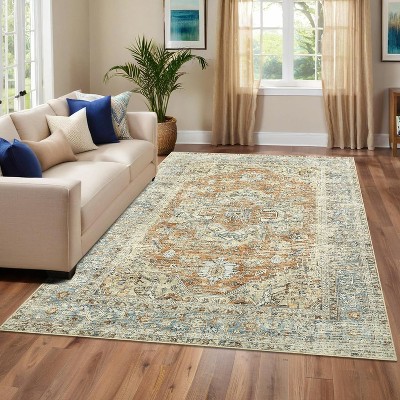 5'x7' Washable Rug, Non-Slip Vintage Medallion Low-Pile Rug, Foldable for Living Room, Dining Room & Bedroom, Blue Green