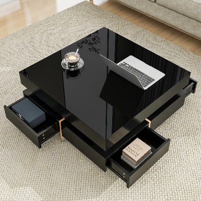 Lyngins Geometric Coffee Table with LED Strip Lights – UV High-Gloss Finish, Double-Layer Storage, 2-Tier Square Center Table for Living Room