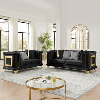 89"-Seater & 69" Loveseat Velvet Luxury Tufted Sofa Set with Embroidered Texture, Gold Stainless Steel Trims and 7 Decorative Pillows
