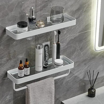 Racxily Bathroom Shelves Wall Mounted Glass Shelves for Bathroom Floating Shelf with Towel Holder Glass Shower Shelf