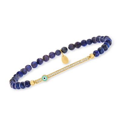 Ross-Simons Lapis and .10 ct. t.w. CZ Evil Eye Stretch Bracelet in 18kt Gold Over Sterling Size