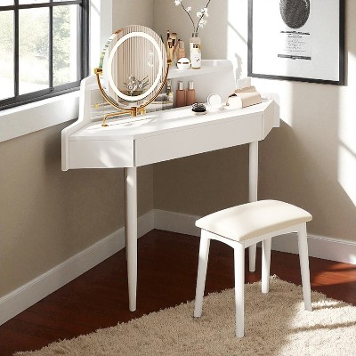 Corner Makeup Vanity Desk with Tri-Fold Rotating LED Mirror, Large Storage & Stool, Adjustable Brightness Dressing Table for Bedroom
