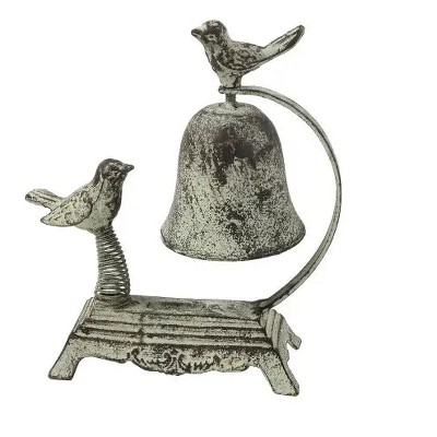 Slickblue Cast Iron Table Bell, Birds on Spring, Decorative Counter Accent, Distressed White, 7.5"x3.25"x7.5"