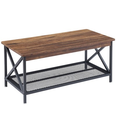 VECELO Industrial Wooden Coffee Table with Open Shelves and Storage X-Shaped Frame Rectangle Table