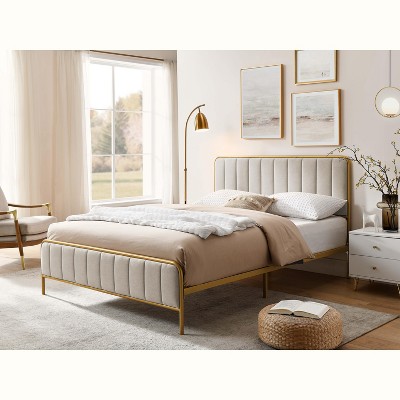 ORRD Queen Upholstered Bed Frame with Tufted Headboard, Modern Fabric Platform Bed for Cozy Bedroom Sanctuary,Beige