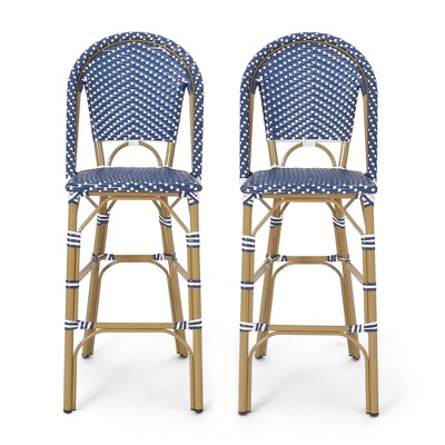 DSVIMOY Counter and Bar Stool Outdoor PE Rattan French Barstool with Aluminum Frame for Patio, Blue, 41.75"*25"*18.75"