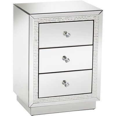 Studio 55D Biscaya Modern Mirrored Rectangular Accent Side End Table 19" x 13 3/4" with 3-Drawer Silver Crystal for Living Room Bedroom Bedside House