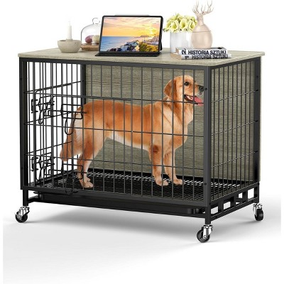 Dog Crate Furniture, Indoor Wooden Dog Kennel with 360° Wheels, Removable Tray & 3 Hooks