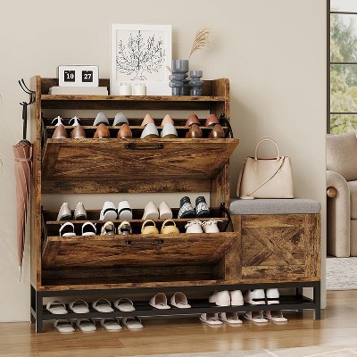 COZONY 2-Drawer Flip Shoe Cabinet with Bench, Freestanding Shoe Storage with Seating, Entryway Organizer with Hidden Storage