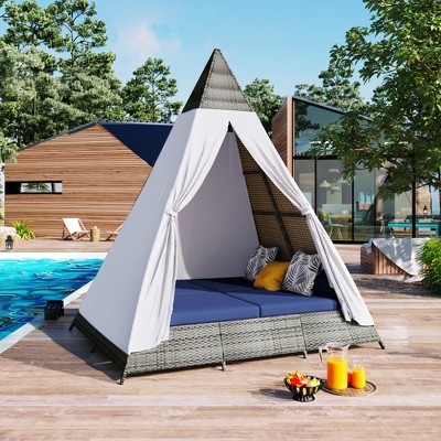 90.5in Length Outdoor Sunbed With Colorful Pillows, Wicker Patio Daybed With Cushions, Tent Shape