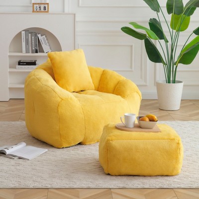 Kumasinova Giant Bean Bag Chair with Ottoman,Faux Fur Floor Sofa for Adults,Shell-Shaped BeanBag Chair with Filler,Comfy Chair for Living Room