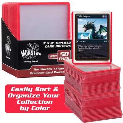 Monster Top Loaders for Trading Cards - 50, 3x4" Clear Hard Plastic Protector w Red Border- Compatible w Yugioh, Sports & More