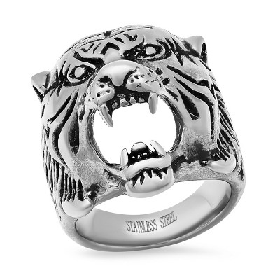 Steeltime Men's stainless steel tiger head ring. Color Options: Silver, Gold. Size Options: 9-12