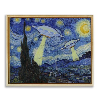 Stupell Industries Starry Night Classic Alien UFOs Black Framed Floater Canvas Wall Art