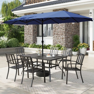 Captiva Designs 8pc Patio Slat-top Rectangle Steel Table & Metal Stackable Chairs & 13ft Large Umbrella