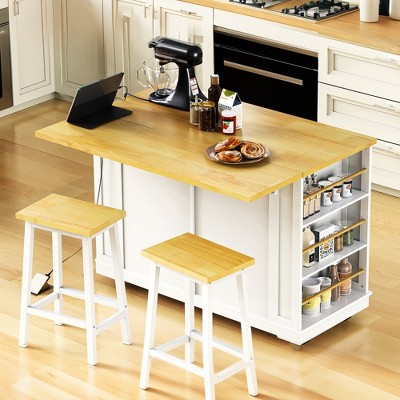 YOOCOZZ 3-Piece Classic Rolling Kitchen Island Set with 2 Bar Stools, Drop Leaf, Power Outlet and Large Storage Space