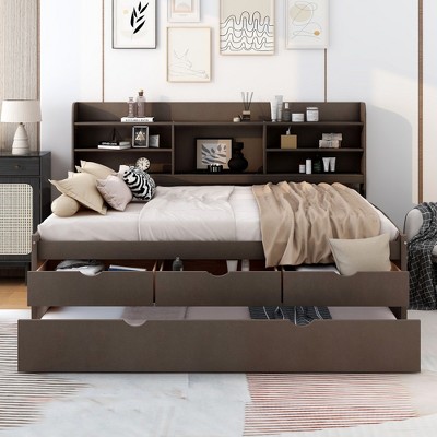 PAGED Twin Size Platform Bed Modern Wooden Bed Frame with Trundle, Open Shelves and Storage Drawers for Bedroom