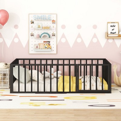 CAVINAS Kids Montessori Bed with Door,Versatile Metal Floor Bed with Fence,Twin/Full/Queen Size Toddler Bed for Bedroom Playroom,Black/White/Pink
