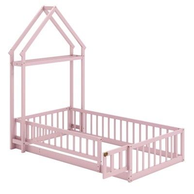 Costway Twin Size House Floor Bed with House-shaped Headboard Clothes Hanger without Slats Gray/Beige/Pink/White