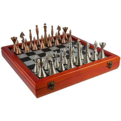 WorldWise Imports Chess Set - Solid Brass Art Deco Chessmen on Cherry Stained Chest