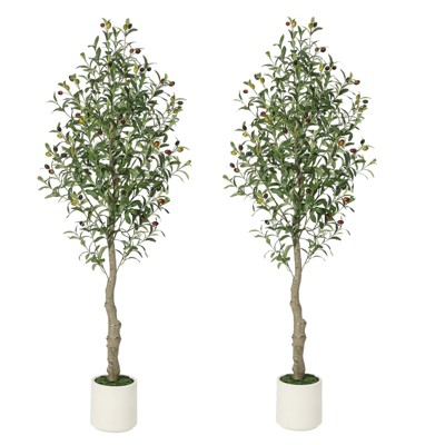 Jojoka Tall Artificial Olive Tree with Planter, Faux Olive Plants with Natural Wood Trunk and Lifelike Fruits for Indoor Decor