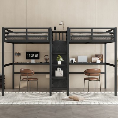 NicBex Metal Loft Bunk Bed with Double Desks,Wardrobe&Charging Station,Space-Saving&Noise Reduced Double Loft Bed