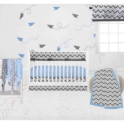 Bacati - Ikat Dots Zebra Blue Grey Boys 10 pc Crib Set with Long Rail Guard Cover & 4 Muslin Swaddling Blankets