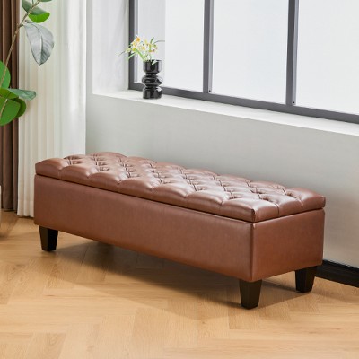 Lyngins Tufted Storage Ottoman Bench with Rubber Wood Legs, Upholstered Ottoman with Storage, Entryway Bench with Soft-Close Hinges, Foot Stool