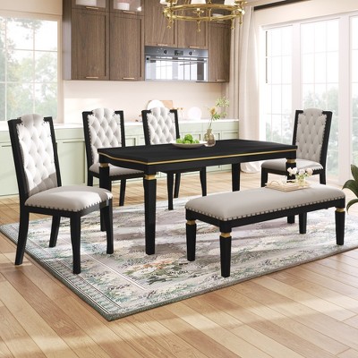 6-piece Dining Table Set Dining Set with 4 Upholstered High-Back Tufted Chairs and 1 Bench for Dining Room, Kitchen and Living Room, Black/Espresso-Mo