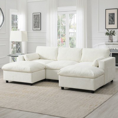 YOOCOZZ Chenille Sectional Sofa with 2 Removable Ottomans, Side Storage Pockets and 2 Throw Pillows - White