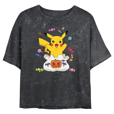 Juniors Womens Pokemon Halloween Pikachu Candy Pumpkin Bag Crop T-Shirt
