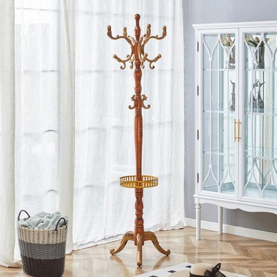 KWPZQEB Wooden Coat Rack, Freestanding Coat Rack with 11 Hooks & Round Storage Tray, Tree Coat Racks for Bedroom, Hallway, Entranc